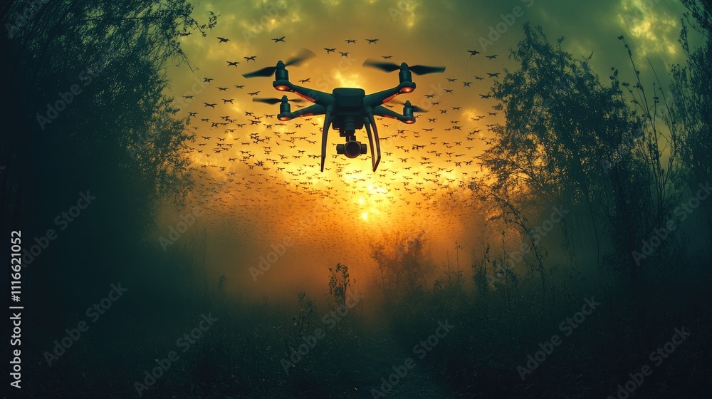 Poster a drone navigates through a dense swarm of insects as the sun sets, creating a vibrant and serene at