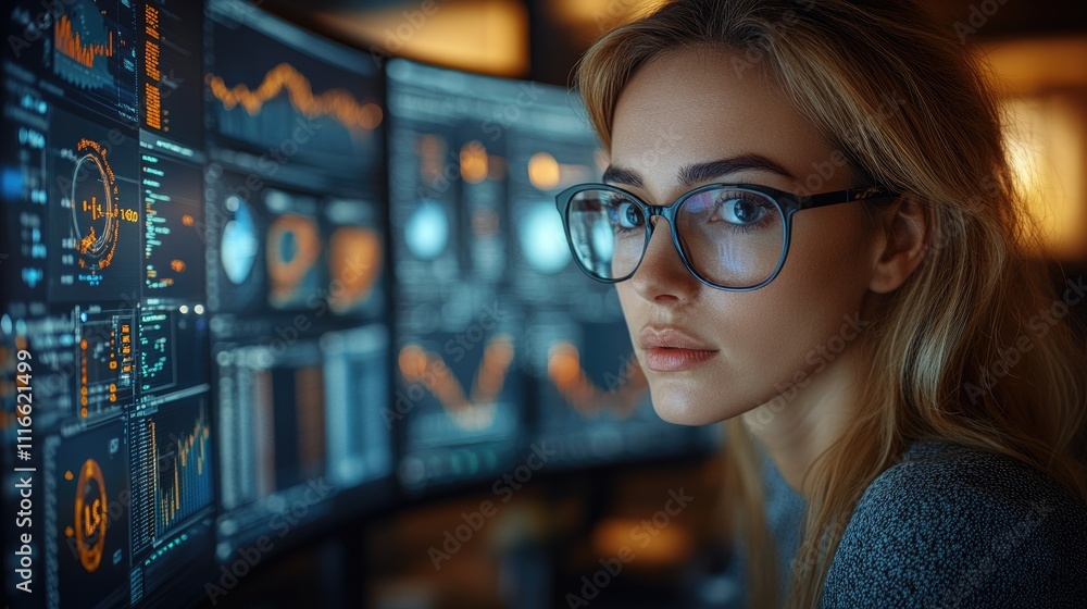 Poster a young woman with glasses focused on analyzing data displayed on multiple computer screens in a tec