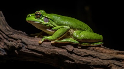 Fototapeta premium Green tree frog perched on a dark branch against a black background.