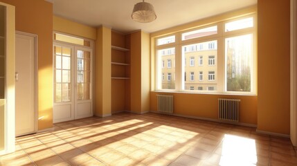 Obraz premium Sunlit empty room with tiled floor, french doors, and large windows.