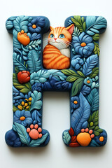 Lettres de l'alphabet H sur le thème des chats, colorées, décorées de chatons mignons, fleurs, feuilles, design ludique et fun, idéal pour l'éducation, projets graphiques ou décoratifs