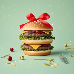 Christmas concept, burger with cheese, salad and fries on green background with decoration balls and branch.