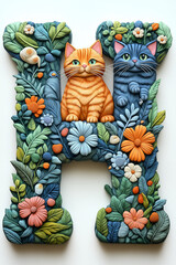 Lettres de l'alphabet H sur le th&egrave;me des chats, color&eacute;es, d&eacute;cor&eacute;es de chatons mignons, fleurs, feuilles, design ludique et fun, id&eacute;al pour l'&eacute;ducation, projets graphiques ou d&eacute;coratifs