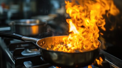 Fiery flames engulfing a cooking pan on a stove