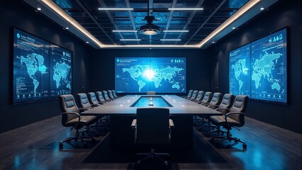 Naklejka premium High-tech conference room showcasing global strategy planning with detailed maps