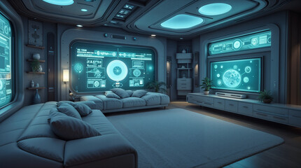 Interior of the apartment of the future, Smart home interface design, holograms