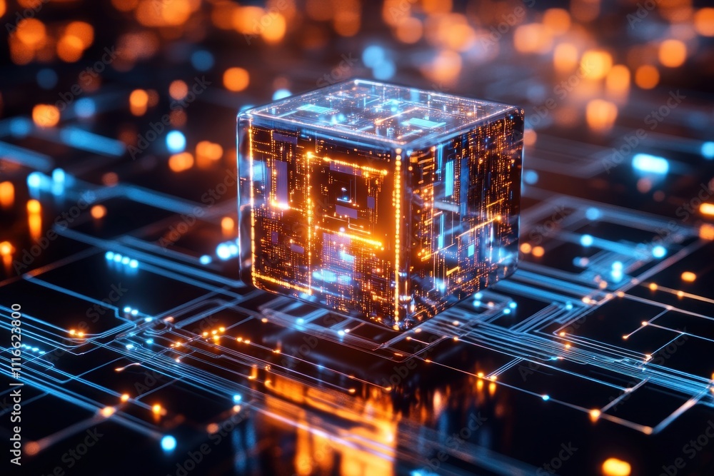 Aufkleber here's a possible and keyword list for your stock photo.. futuristic data cube on circuit board.