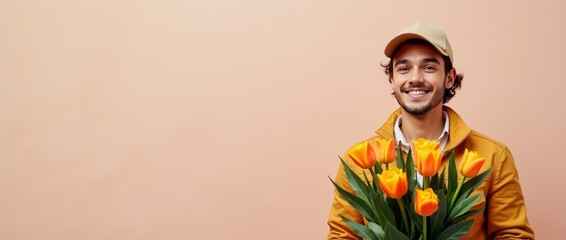 Obraz premium Smiling man wearing a yellow jacket and cap holding a bouquet of orange tulips. Peach background. Valentine's Day. International Women's Day. Mother's Day. Flower delivery concept. Copy space