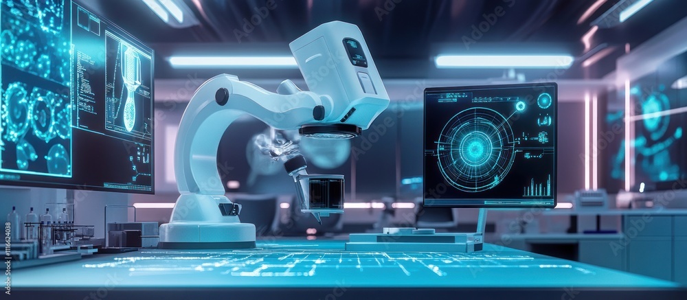 Poster futuristic lab with advanced microscope and digital displays showing scientific data.