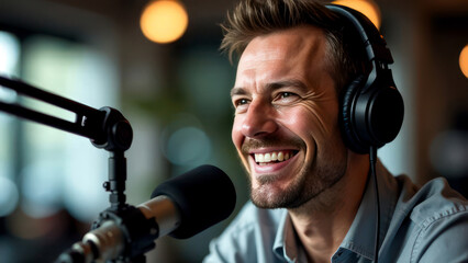 Smiling podcaster engaged in recording session with professional microphone and headphones. Radio Day