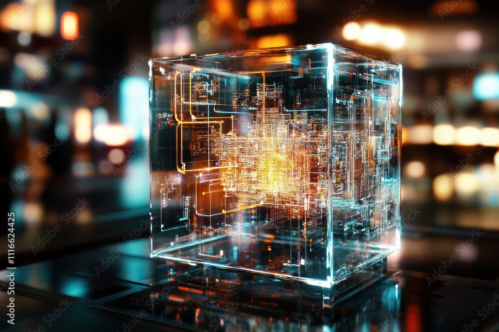 Poster here's a and keyword list for your image.. futuristic transparent cube with glowing circuitry inside