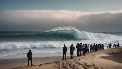 Extreme huge wave. generative ai. person stands firm and fearless in front of a huge tsunami ocean wave.