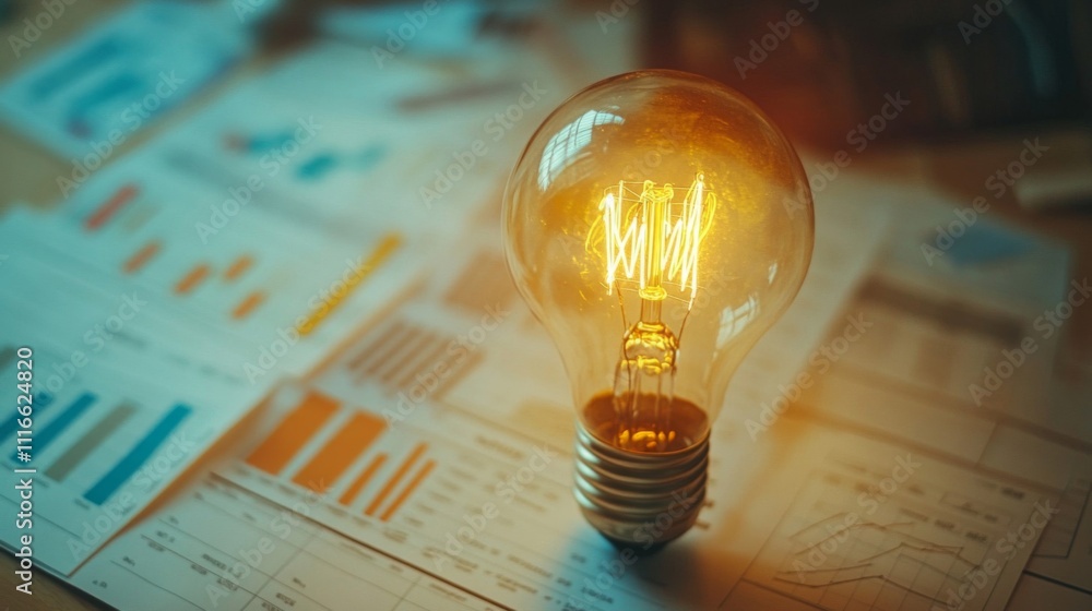 Poster illuminated light bulb resting on charts and graphs