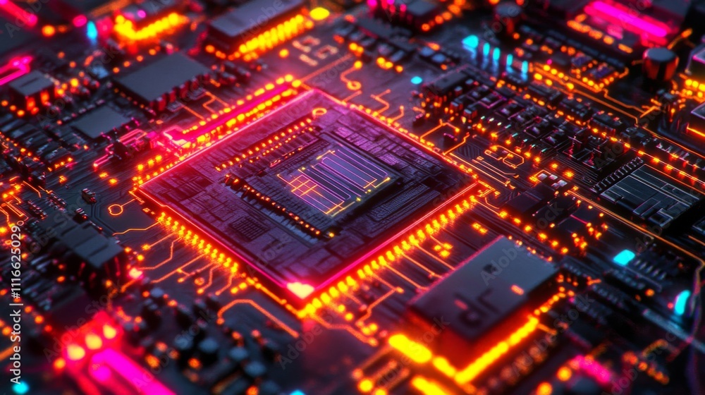 Poster close-up of a glowing circuit board with a central processor