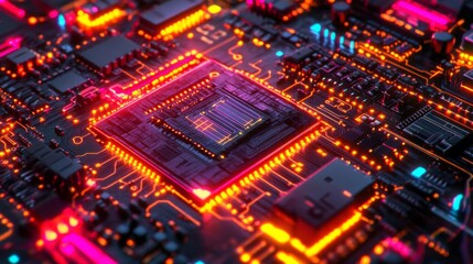 Fototapeta premium Close-up of a glowing circuit board with a central processor