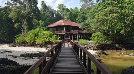 Fototapeta premium Tranquil Overwater Bungalow in Lush Tropical Paradise