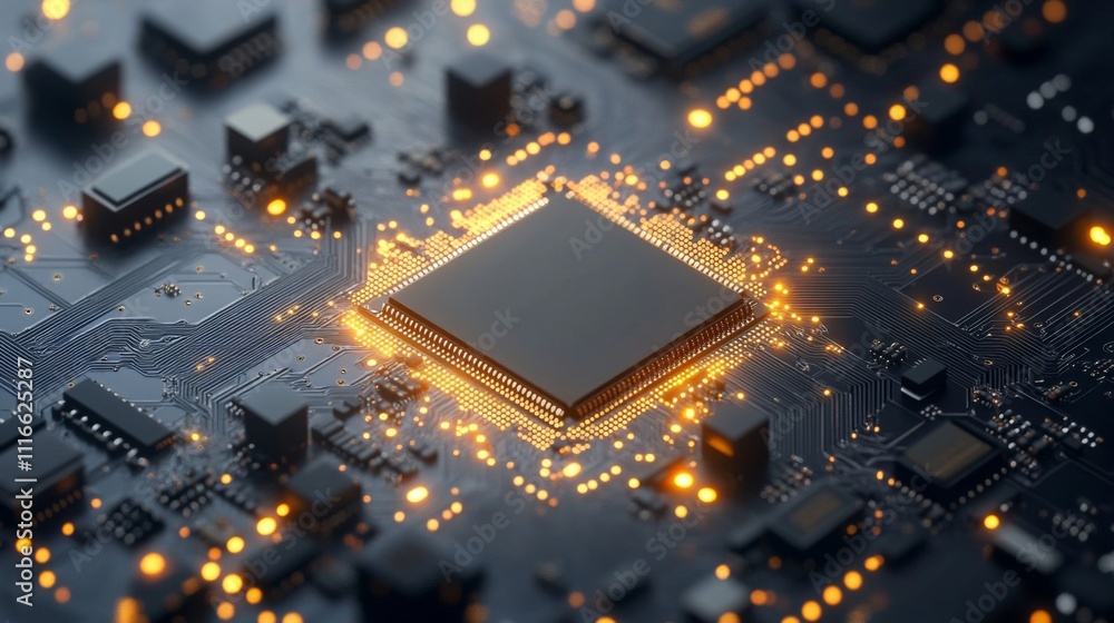 Poster a black processor chip on a circuit board with golden glowing lines