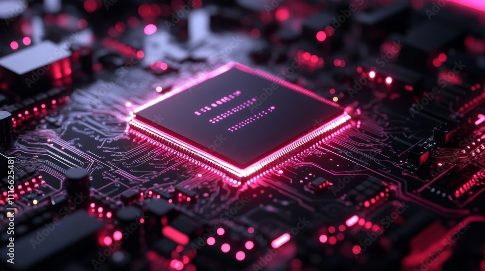 Poster a close-up view of a glowing computer chip on a circuit board