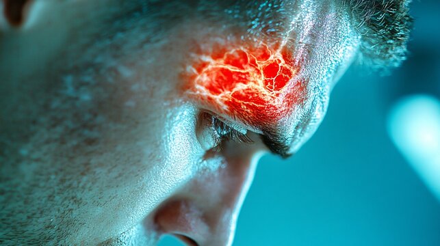Dramatic Close-Up of Man with Brainstorm Effect in Neon Blue and Red Glow