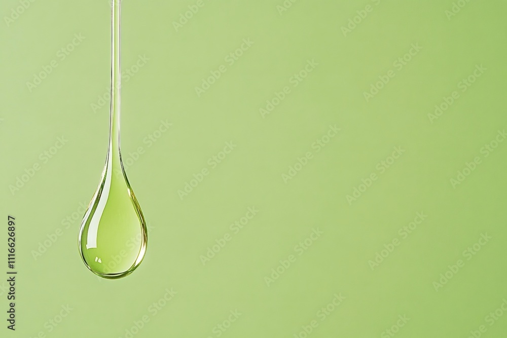 Poster drop of viscous green liquid is dripping, forming a perfect teardrop shape against a matching green 