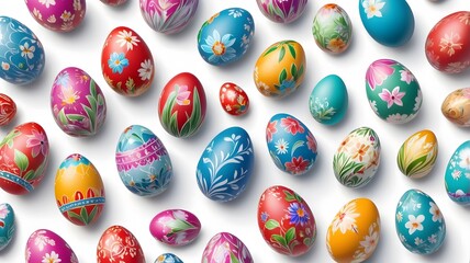 Collection of colourful hand painted decorated easter eggs on white background cutout file. Pattern and floral set. Many different design. Mockup template for artwork design