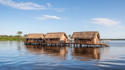 Rustic water bungalows on a calm lake under a partly cloudy sky.