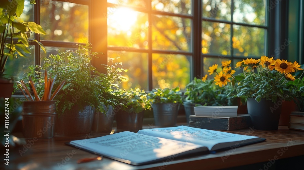 Poster sunlight filters through a window, illuminating a cozy study filled with lush plants and vibrant sun