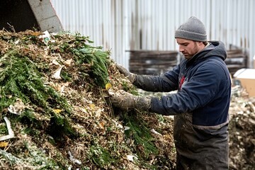 Gardener wearing gloves managing organic christmas trees waste after holidays for composting, producing mulch and fertilizer for sustainable agriculture