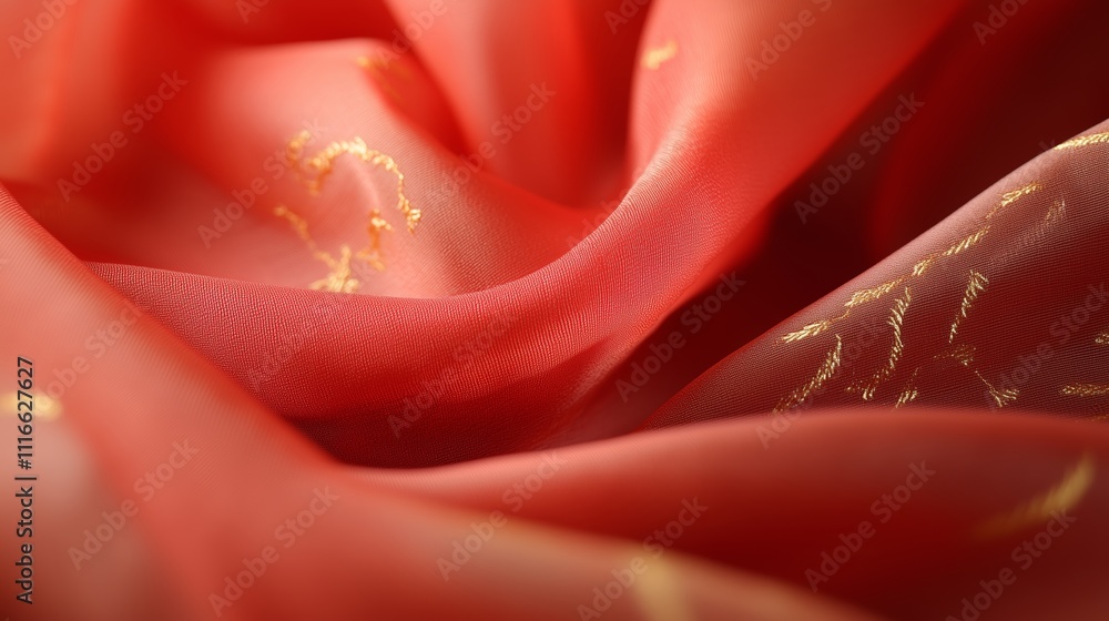 Poster close-up of delicate fabric showcasing intricate details and textures in soft coral color with golde