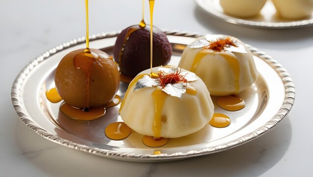 Close-up of gulab jamun and rasgulla on a silver platter, drizzled with saffron syrup and garnished with varak. Clean background with blank space, perfect for festive branding or promotions.