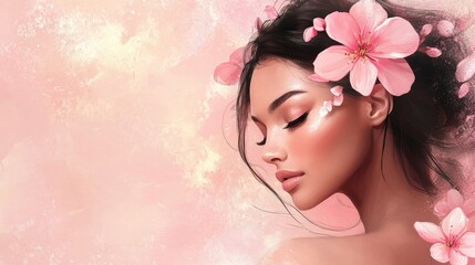 Fototapeta premium Serene woman with pink cherry blossoms in her hair, soft pink background.