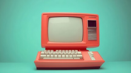 Retro orange desktop computer with blank screen on teal background.