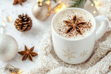Fototapeta premium Christmas cacao in white mug with Christmas decorations on a light background. Merry Christmas greeting card