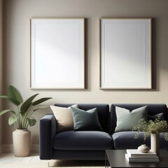 Modern Living Room with White Oak Frames and Navy Blue Sofa"