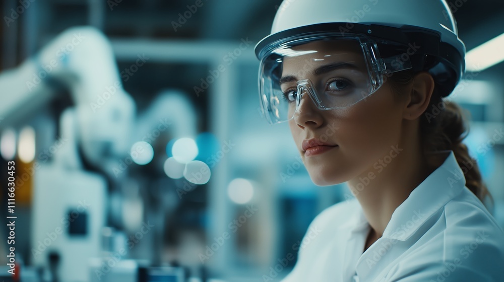 Poster engineer working in a modern laboratory, focused on robotics and technology at a high-tech facility