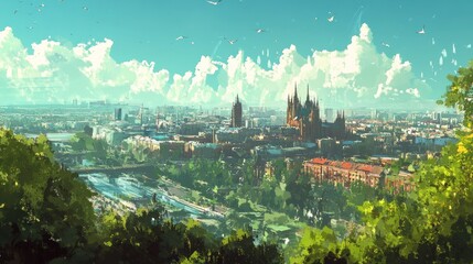 Fototapeta premium Panoramic view of a city with a cathedral, river, and lush greenery under a bright summer sky.