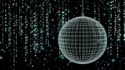 A sparkling wire form sphere hanging in black space, before a curtain of bokeh lights