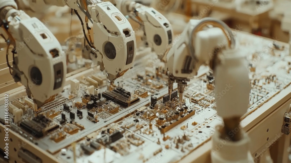 Poster robotic arms assembling a circuit board in a factory