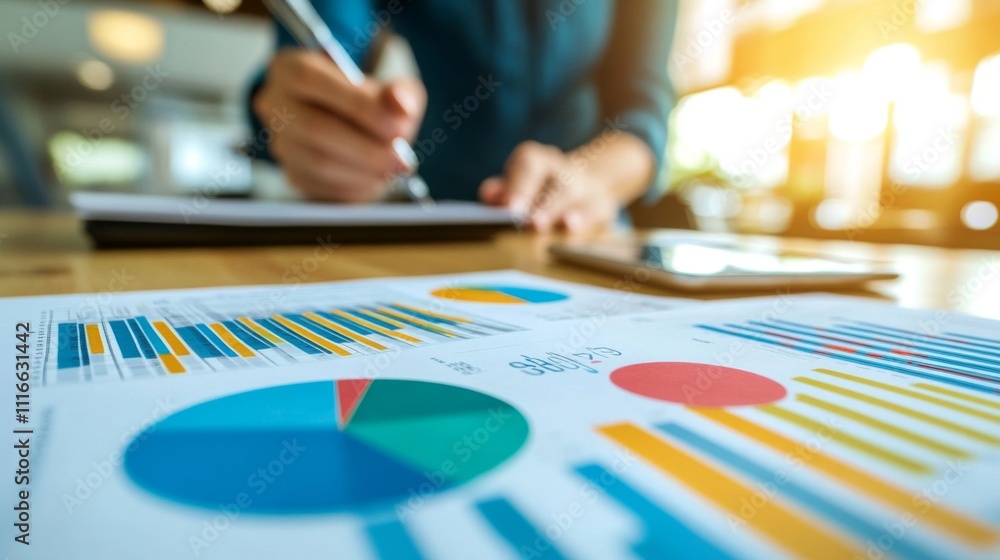 Poster a person reviewing colorful charts and graphs on a table