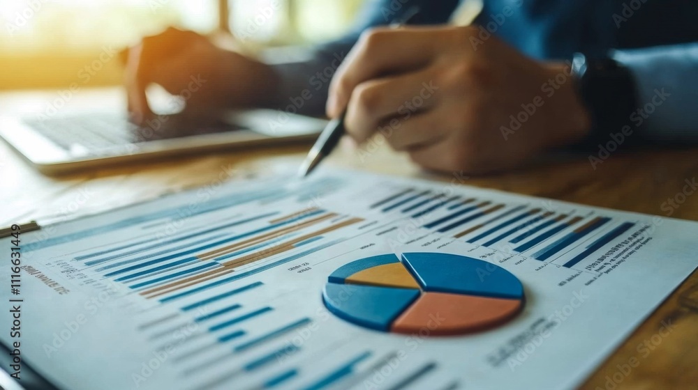 Poster person analyzing financial data on a pie chart and bar graph