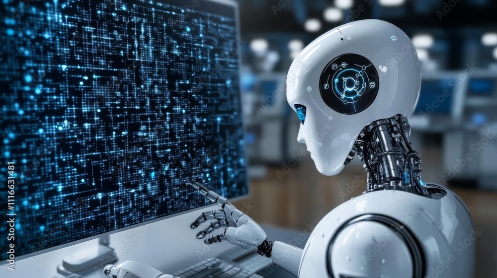 Poster a white robot interacting with a computer display showing a blue digital pattern