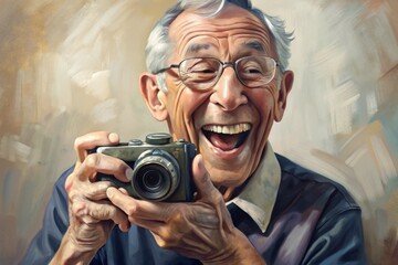 Joyful man captures moments with vintage camera in cheerful ambiance
