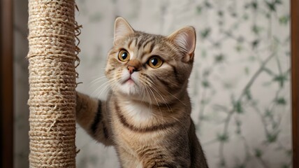 Fototapeta premium A playful Scottish Fold cat with folded ears happily climbs and scratches a tall scratching post in a cozy indoor setting, surrounded by soft cushions and warm lighting. 