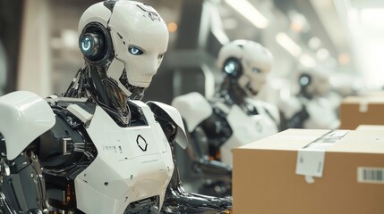 White humanoid robots handling cardboard boxes in a futuristic factory.