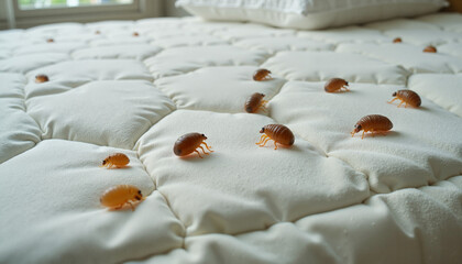 Bed bugs on a white mattress in a close-up shot demonstrating infestation issues