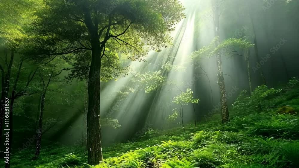 Poster enchanting forest illumination with sunlight streaming through trees in a serene woodland
