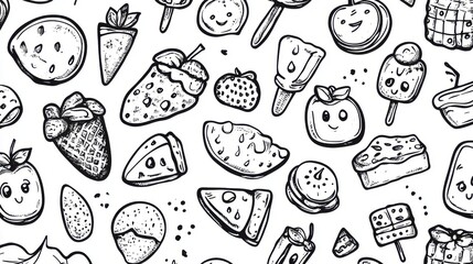 Seamless pattern of hand-drawn black and white food illustrations including strawberries, cakes, pies, and ice pops.