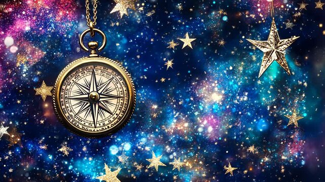 Stars and compass in a cosmic setting evoke exploration and navigation through the universe