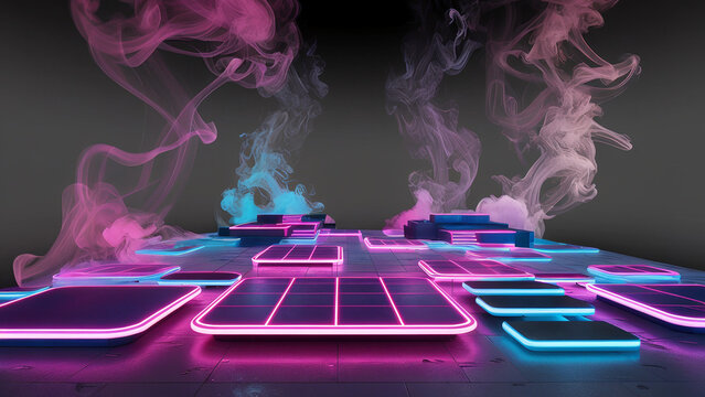 Dance Floor neon with smoke dj in action on a mixer 3d cube  modern at the party vaporwave gradient background: Retrowave, synthwave, rave, vapor party background