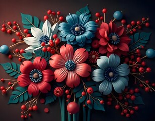 Delicate flower bouquets like candies of bright pink color on a turquoise background